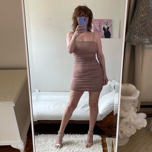 VINTAGE WINDSOR NUDE SILVER SHIMMER RUCHED DRESS LINED STRAPS STRETCH METALLIC